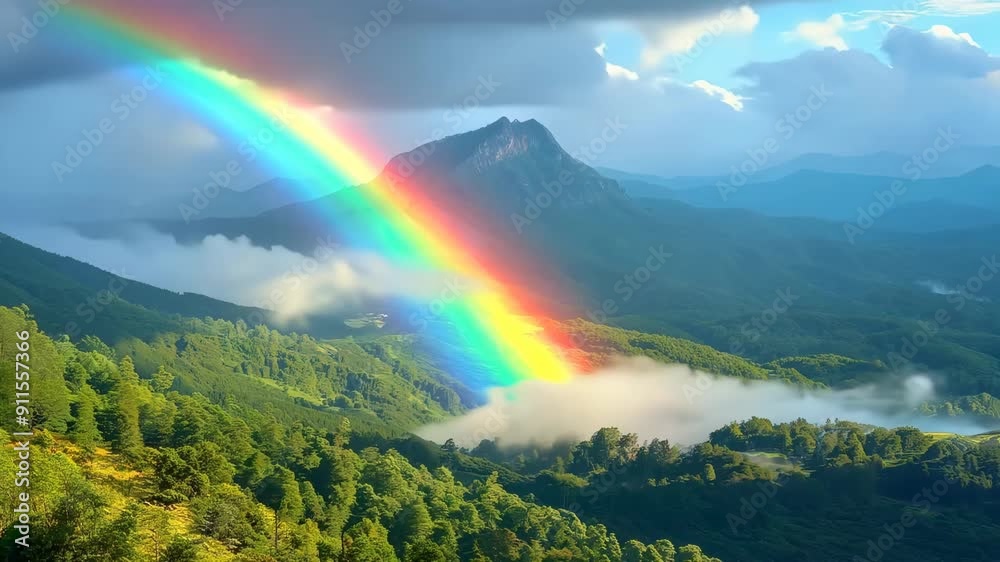 Animation of mountains with colorful rainbow in cloudy sky over field. Nature landscape after storm. Spring morning. St Patrick Day holiday symbol Animation of mountains with colorful rainbow in cloudy sky over field. Nature landscape after storm. Spring morning. St Patrick Day holiday symbol