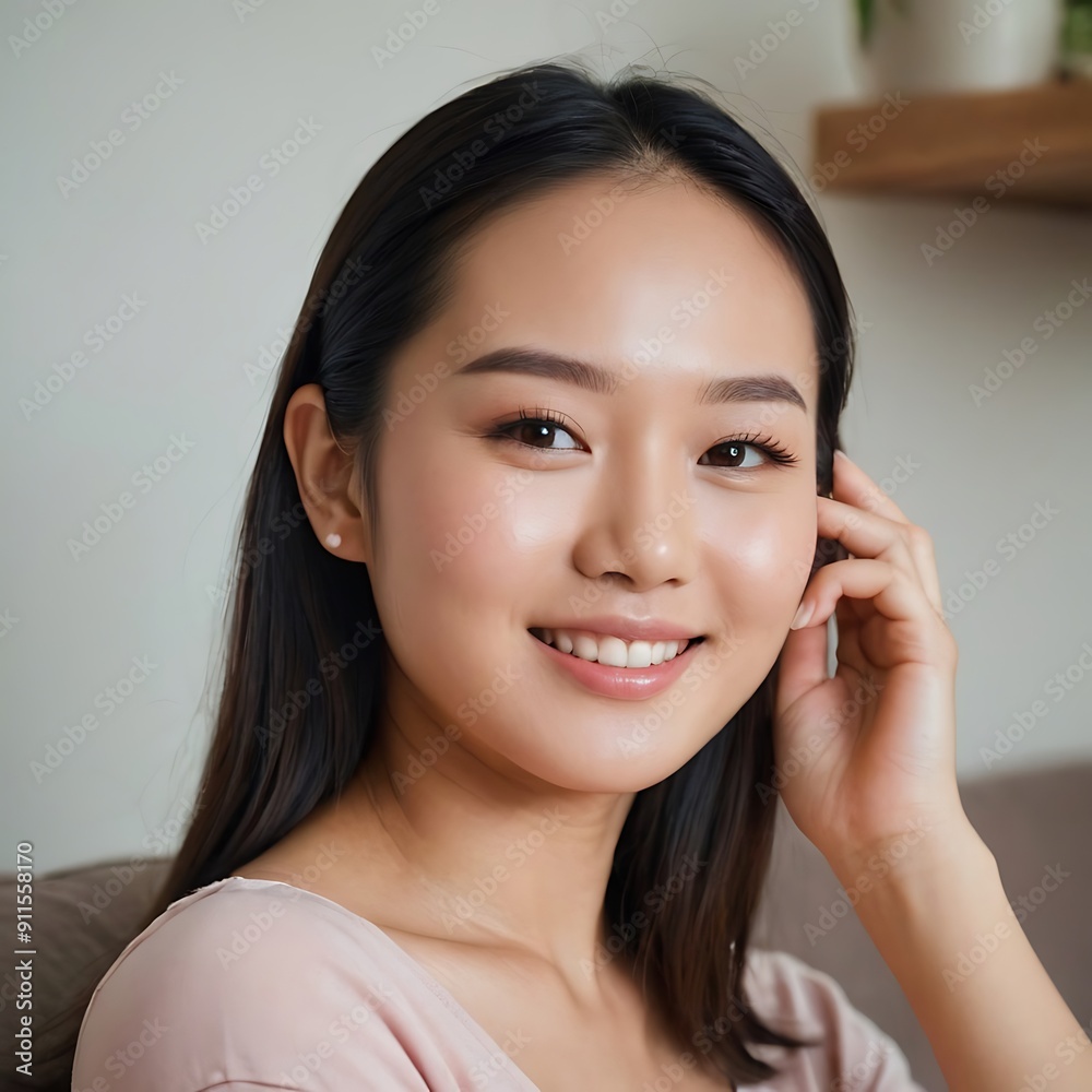Portrait of young beautiful asian woman relax at home in spring or summer. Smile happy asian girl with perfect clear glow skin face. Asia lifestyle people education beauty girl next door concept. Portrait of young beautiful asian woman relax at home in spring or summer. Smile happy asian girl with perfect clear glow skin face. Asia lifestyle people education beauty girl next door concept.