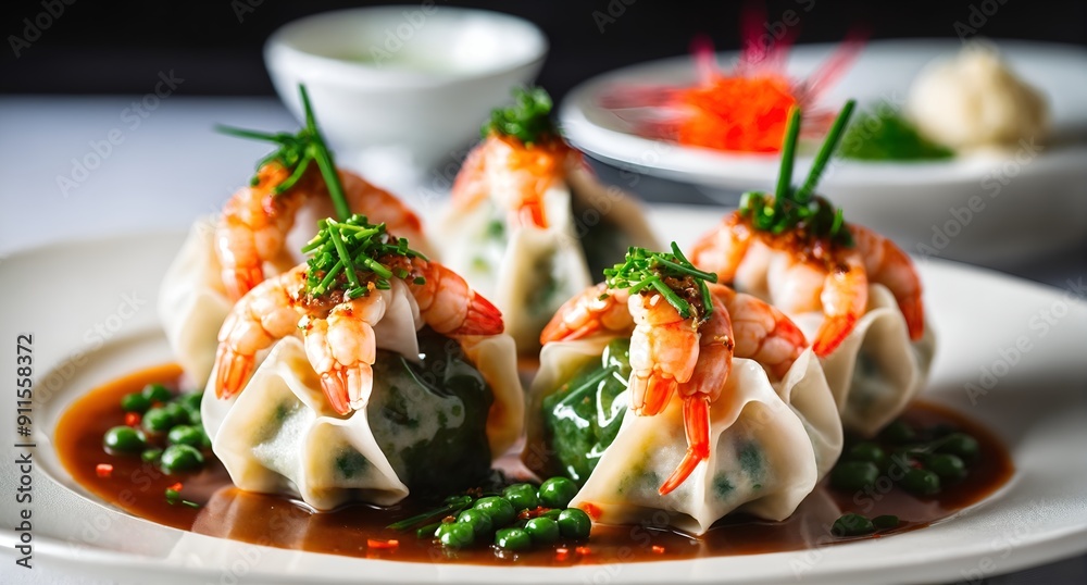 Shrimp and chive dumplings. Generative AI