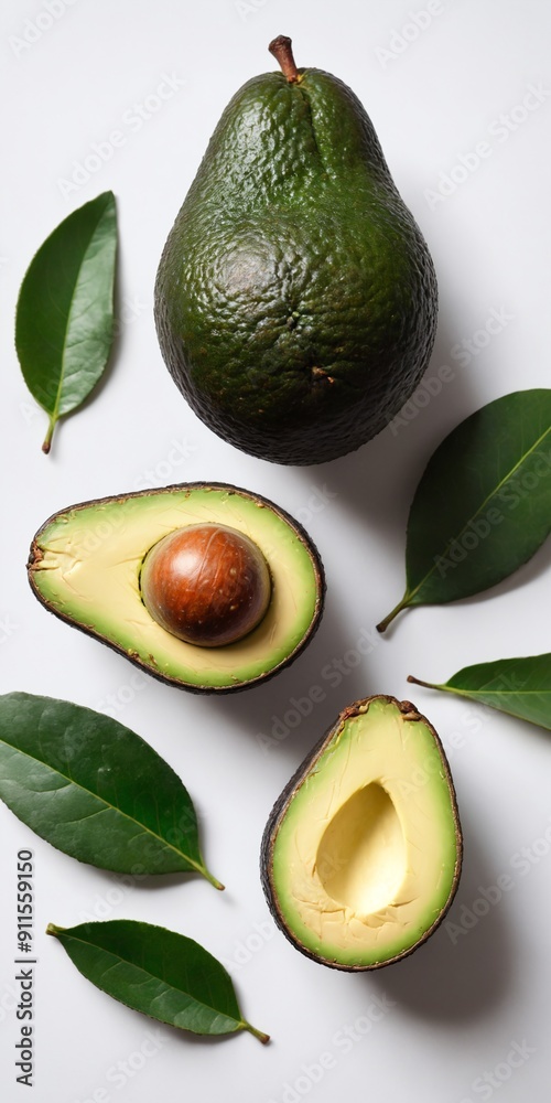 Fresh avocado fruits with green leaves on white background. Top view, flat lay. Eating healthy fats. Generative AI Fresh avocado fruits with green leaves on white background. Top view, flat lay. Eating healthy fats. Generative AI