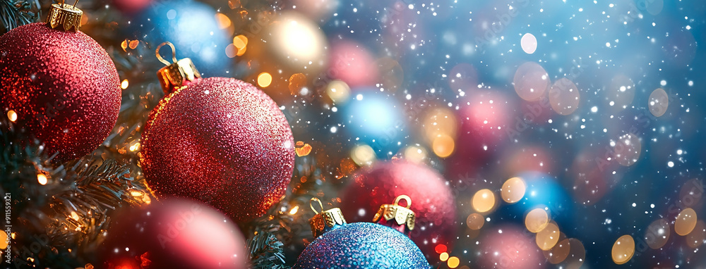 Wide panoramic Xmas décor background banner, gold and red color Christmas balls hanging on a Christmas tree Wide panoramic Xmas décor background banner, gold and red color Christmas balls hanging on a Christmas tree