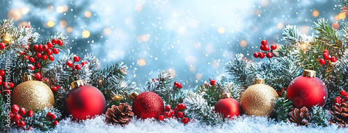 Wide panoramic Xmas décor background banner, gold and red color Christmas balls, pine christmas tree branches and snow 