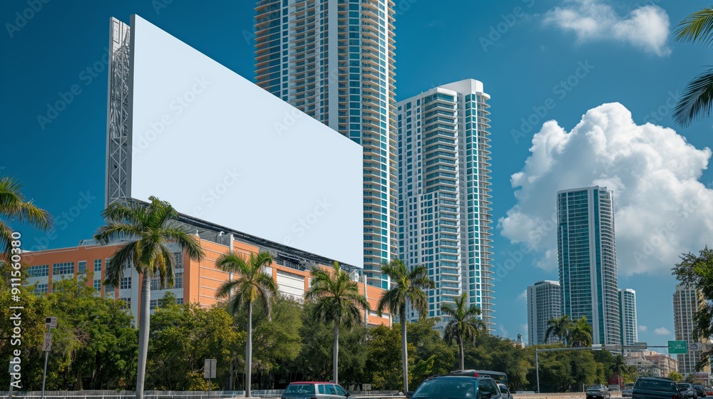 Urban landscape with a blank billboard against skyscrapers and palm trees under a bright blue sky, perfect for advertisement mockup. Urban landscape with a blank billboard against skyscrapers and palm trees under a bright blue sky, perfect for advertisement mockup.