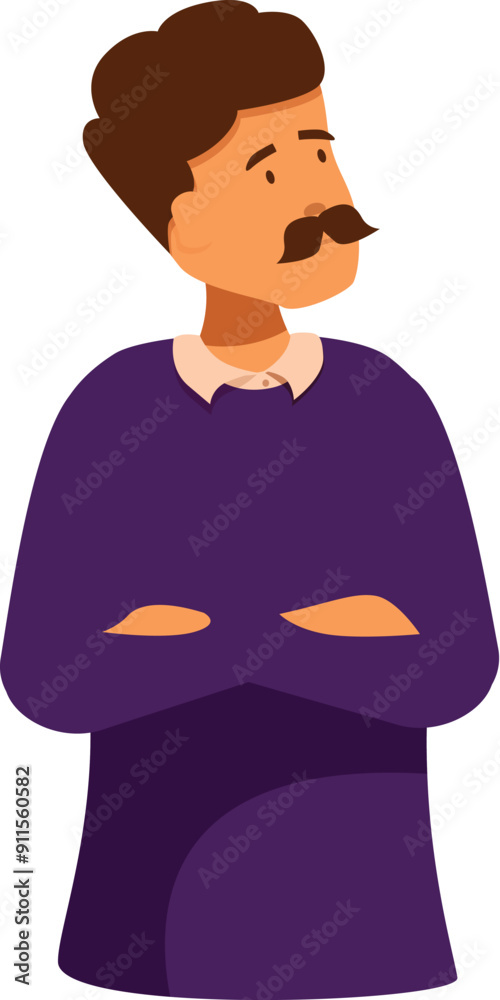 Fototapeta premium Cartoon man with a mustache crossing his arms while thinking about something