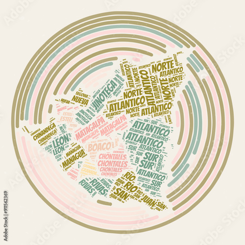 Nicaragua Round Poster. Typography style image of Country. Regions word clouds of Nicaragua. Vintage image design with scratch texture.
