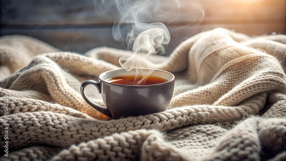 A Warm Embrace: A steaming cup of tea nestled in a cozy knitted blanket, the steam swirling around it like a gentle hug. generative AI A Warm Embrace: A steaming cup of tea nestled in a cozy knitted blanket, the steam swirling around it like a gentle hug. generative AI