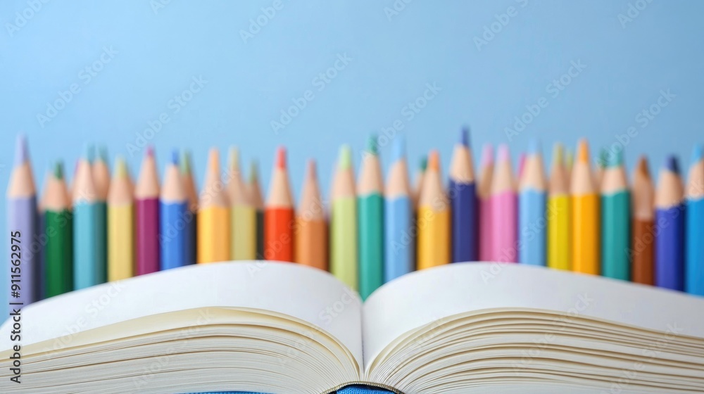 Open blank book with colorful pencils pastel background Open blank book with colorful pencils pastel background