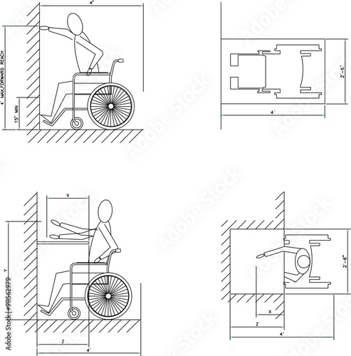 vector sketch illustration silhouette standard design MAXIMUM FORWARD REACH OVER AN OBSTRUCTION wheelchair for people with disabilities