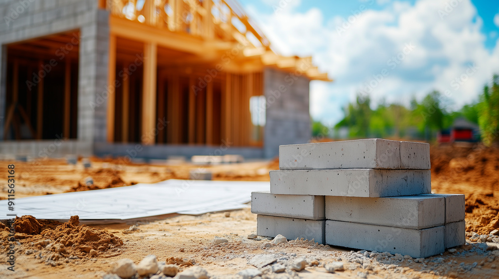 Construction Progress of a Residential Building With Concrete Blocks in Sunny Outdoor Setting Construction Progress of a Residential Building With Concrete Blocks in Sunny Outdoor Setting