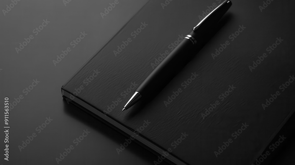 Black notebook with a pen on a black background. Black notebook with a pen on a black background.