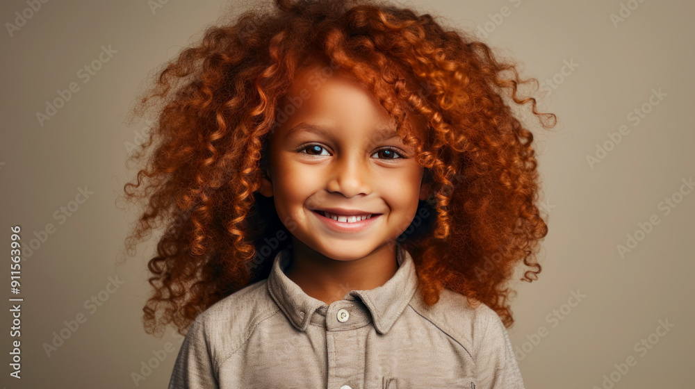 Portrait of a happy smiling Afro-American red-haired boy child with long hair and perfect skin, creamy beige background, banner. Portrait of a happy smiling Afro-American red-haired boy child with long hair and perfect skin, creamy beige background, banner.