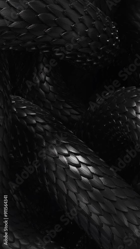 Metal texture dragon scales background. Lively coiled black snakes. 3D abstract background of intertlaced serpents. Close-up of reptile in motion. Vertical, phone wallpaper