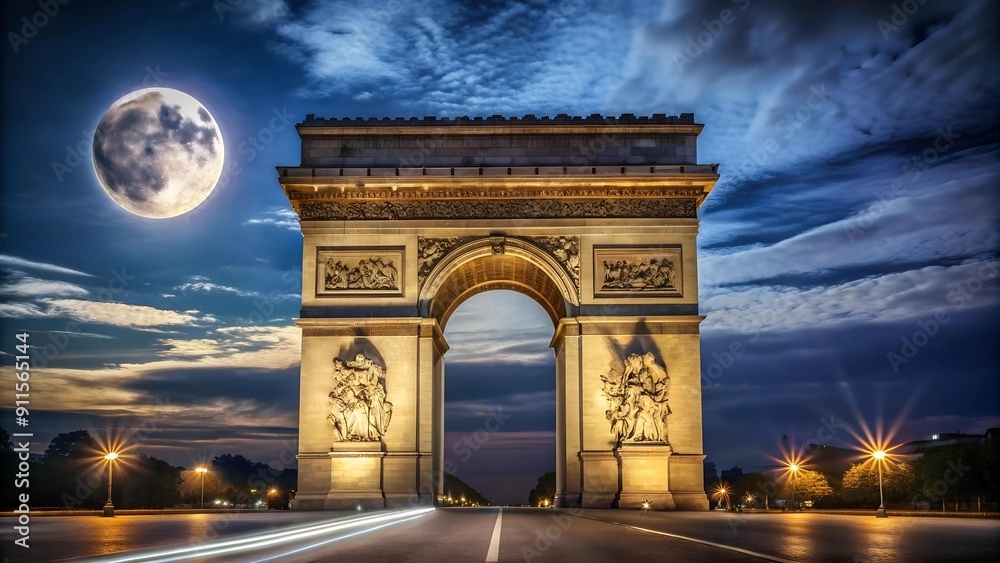 Fototapeta premium The Arc de Triomphe Bathed in Golden Moonlight Generative AI