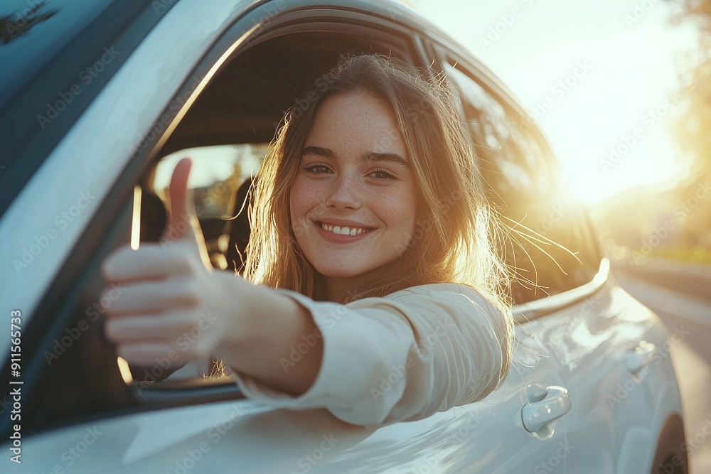 Young Woman Smiling and Giving a Thumbs Up in a Modern White Car on a Sunny Day. Young Woman Smiling and Giving a Thumbs Up in a Modern White Car on a Sunny Day.