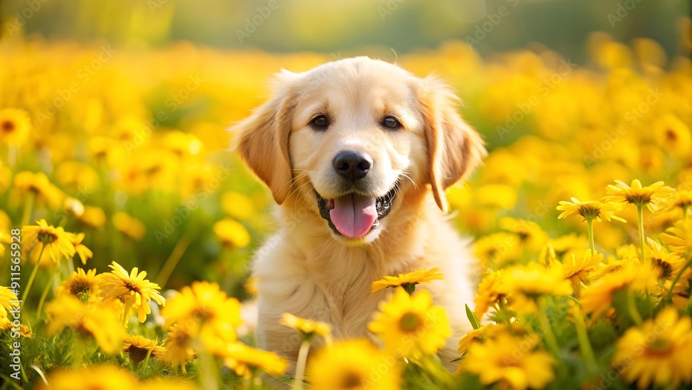 A Splash of Sunshine: A Golden Retriever Puppy Playing in a Field of Daisies Generative AI A Splash of Sunshine: A Golden Retriever Puppy Playing in a Field of Daisies Generative AI