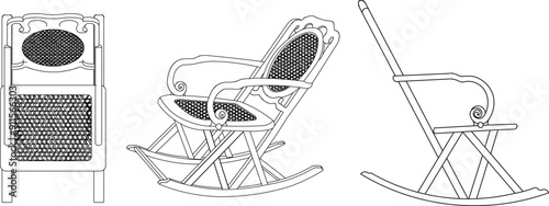 Vector sketch illustration silhouette design detail of Chinese furniture old wooden table chair classic vintage ethnic traditional full of ornaments 