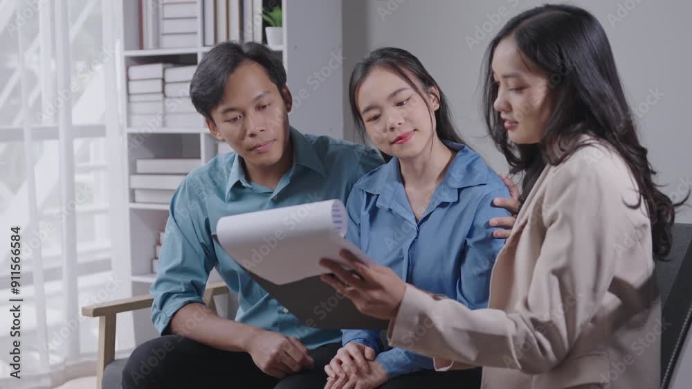 Couple consults with a professional advisor in a modern office, discussing and reviewing documents in a positive and collaborative conversation Couple consults with a professional advisor in a modern office, discussing and reviewing documents in a positive and collaborative conversation
