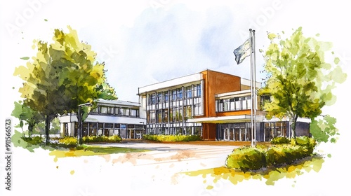 Watercolor School Building with Flag on White Background