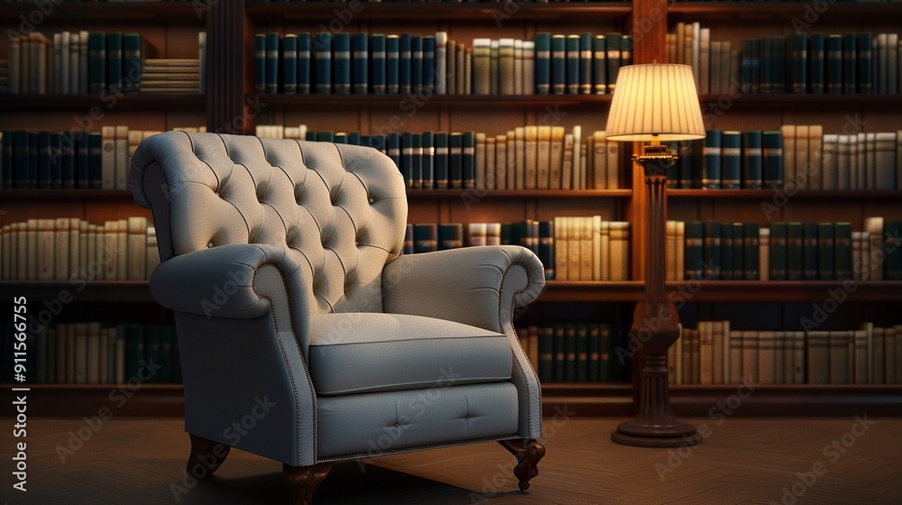 A classic library scene with a grand bookshelf full of ancient texts, plush armchair nearby, soft lighting, photorealistic, intricate detail, timeless elegance A classic library scene with a grand bookshelf full of ancient texts, plush armchair nearby, soft lighting, photorealistic, intricate detail, timeless elegance