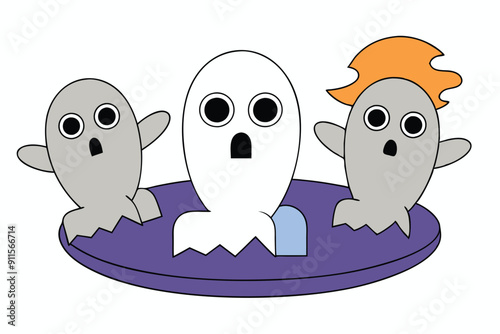 Halloween ghosts floating in a graveyard on white background silhouette vector illustration