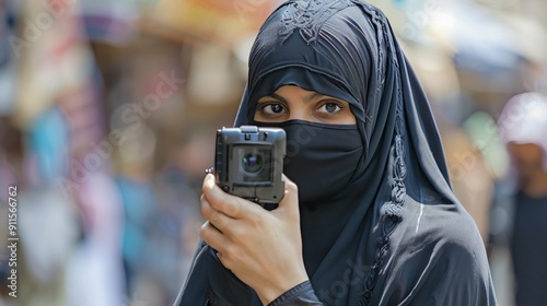 A Young Woman Wearing a Niqab Takes a Photo photo