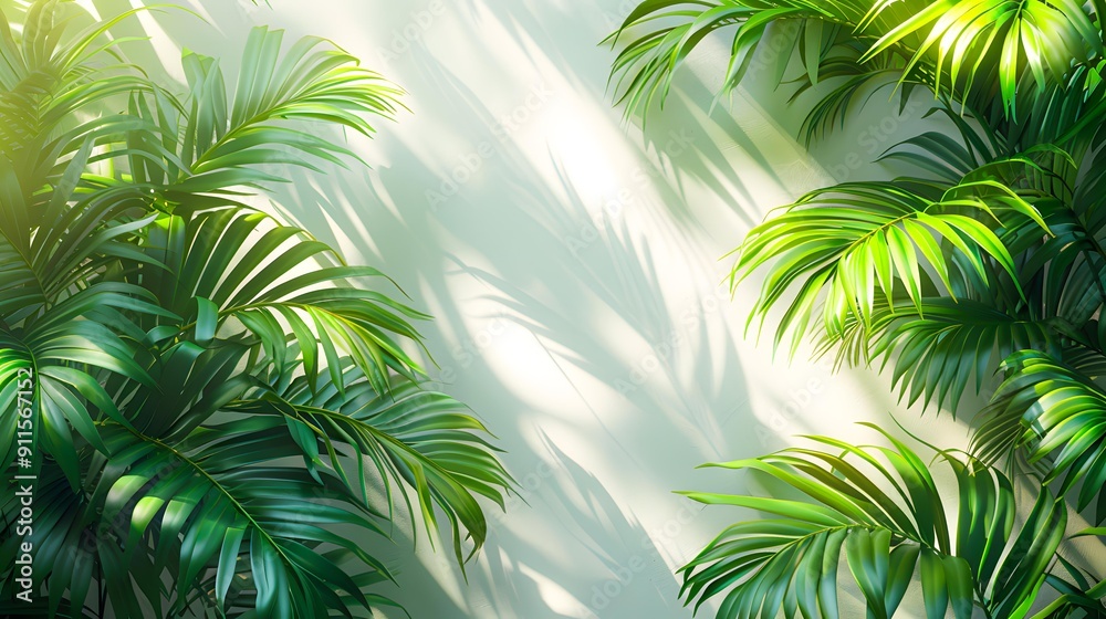 Lush green palm leaves casting shadows on a light wall, perfect for nature, tropical themes, eco-friendly products, or modern interior design promotions, Lush green palm leaves casting shadows on a light wall, perfect for nature, tropical themes, eco-friendly products, or modern interior design promotions,