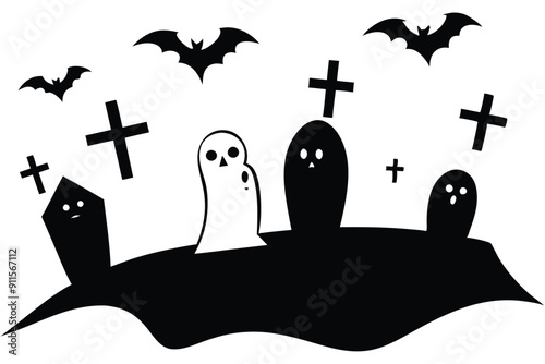Halloween ghosts floating in a graveyard on white background silhouette vector illustration