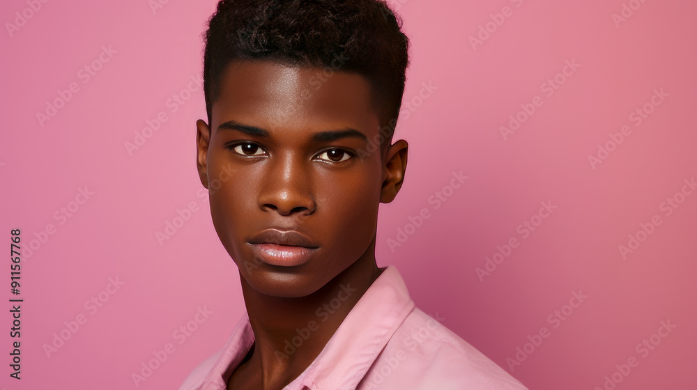 Obraz premium Portrait of a happy cheerful serious, troubled African American teenager guy with perfect skin, pink background, banner.