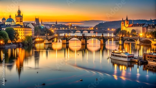 Prague's Golden Hour Reflection: A View of the Rasin Embankment and Palacky Bridge at Dusk  Generative AI photo