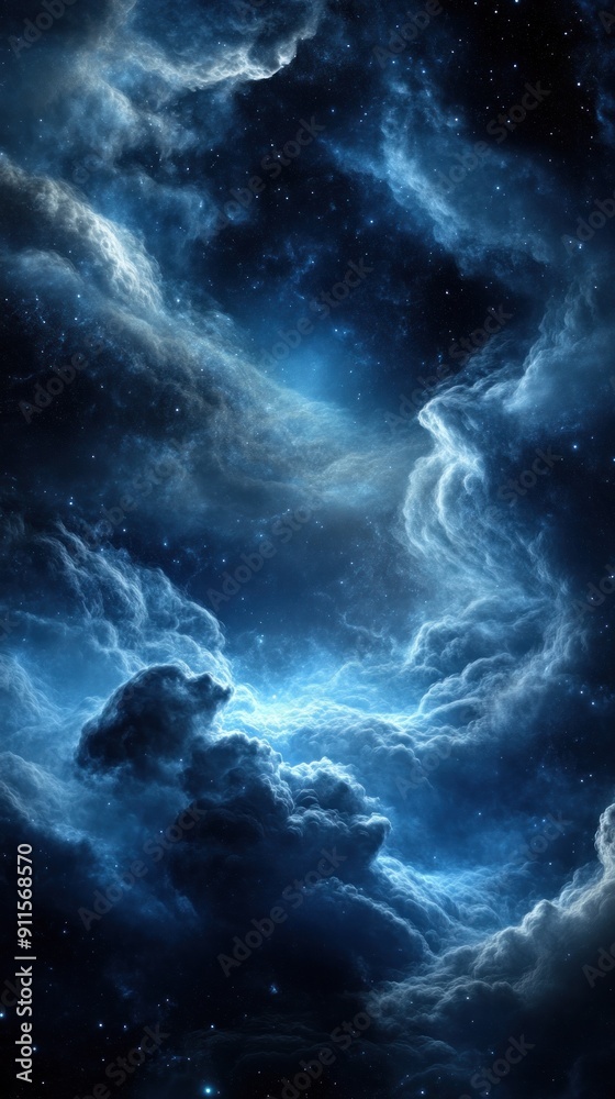Celestial blue clouds embracing a radiant star cluster Celestial blue clouds embracing a radiant star cluster