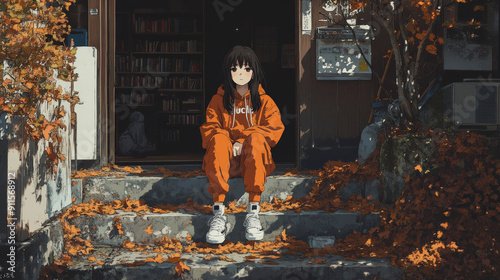 Anime Illustration: Reflective Teen Girl on Broken Library Steps