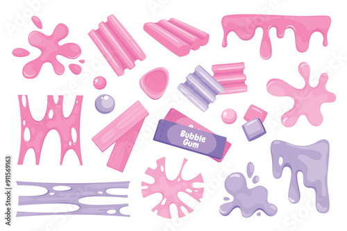 Bubble gum splashes mega set elements in flat graphic design. Bundle objects of pink and purple chewy sweet candies, jelly stains, slimy stripes, gummy and sticky stretchy forms. Vector illustration.