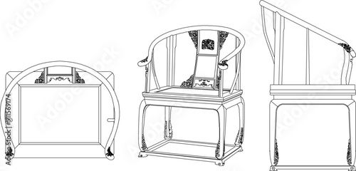 Vector sketch illustration silhouette design detail of Chinese furniture old wooden table chair classic vintage ethnic traditional full of ornaments