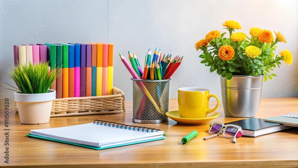 Obraz premium A Desk Full of Welcome: A Colorful Arrangement of Office Supplies AI Generated