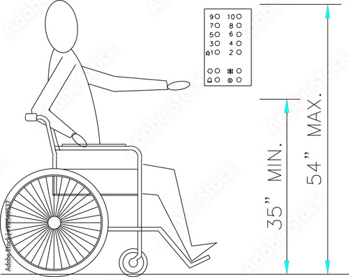 Vector sketch illustration of the standard height design silhouette for disabled wheelchairs 