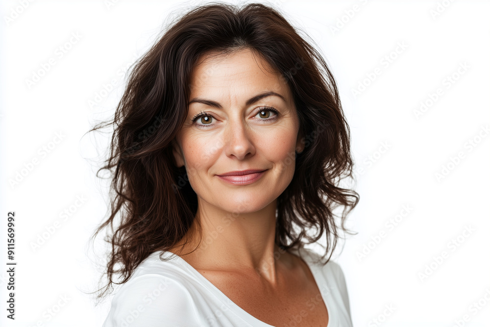 portrait of a mid-aged brunette woman isolated on white background portrait of a mid-aged brunette woman isolated on white background