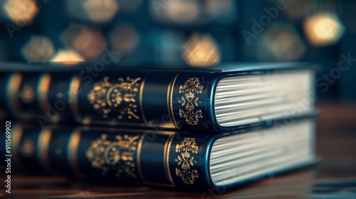 A detailed closeup of classic texts on a wooden bookshelf, goldembossed spines, soft lighting, photorealistic, high detail, vintage charm photo