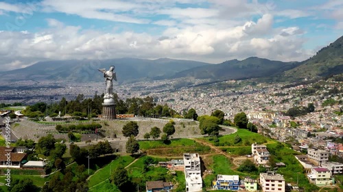 Virgin of El Panecillo Quito city landscape aerial view Ecuador's capital.