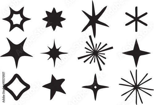 Sparkle Bright stars. Shine, glare, flare, flash and Christmas light effects. Set of hand drawn star shapes. Abstract cool templates for designing posters, banner or flyer.