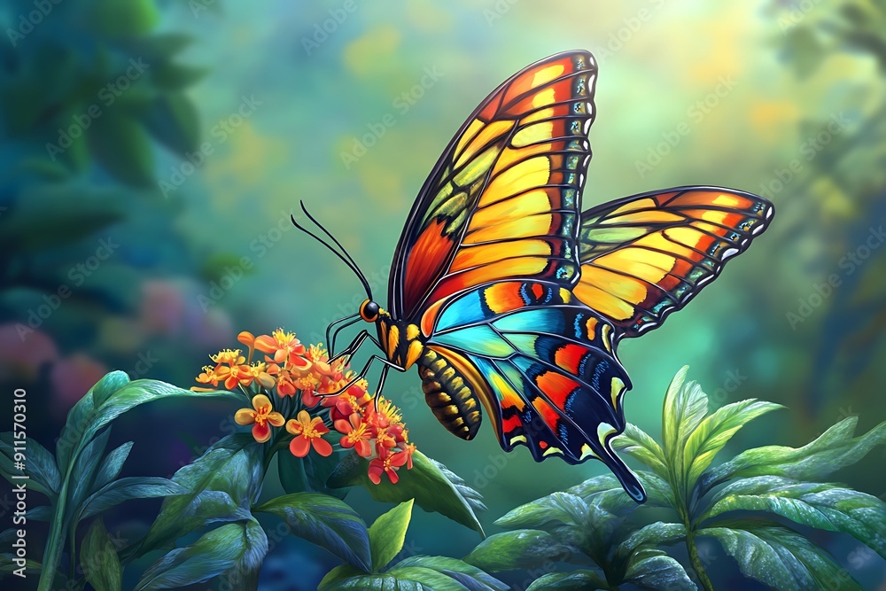 Obraz premium Vibrant Butterfly Perched on Flower in Tranquil Garden Illustration