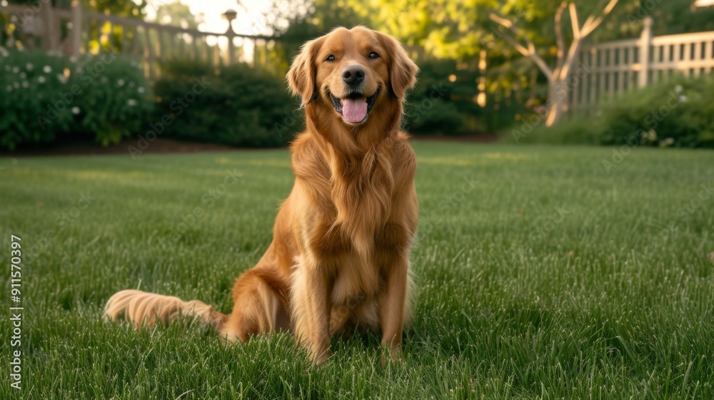 Cheerful Golden Retriever sitting or playing on a green lawn Cheerful Golden Retriever sitting or playing on a green lawn