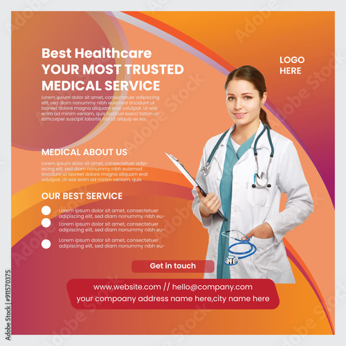 Corporate healthcare and medical cover design template 
Medical social media post template. Modern banner design with blue color ribbon decoration and place for the photo. Suitable for social media, w