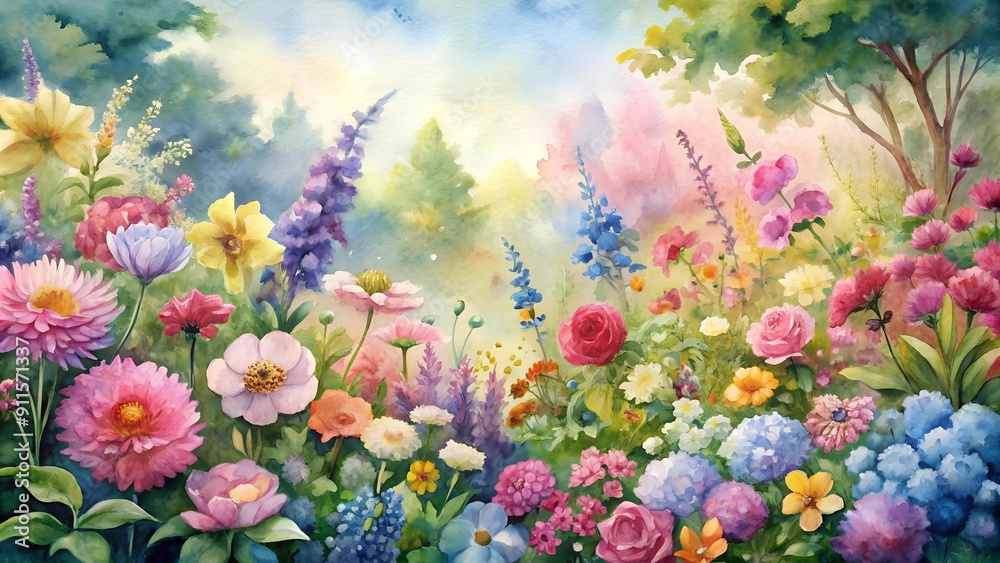 A Symphony of Petals: A Watercolor Garden of Vibrant Blooms generative AI A Symphony of Petals: A Watercolor Garden of Vibrant Blooms generative AI