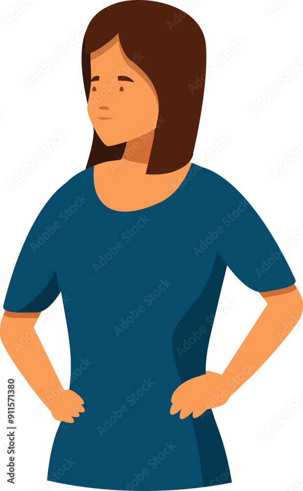 Fototapeta premium Young woman is standing with her hands on her hips and thoughtfully looking up to the left