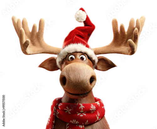 Funny Christmas moose with red santa claus hat photo