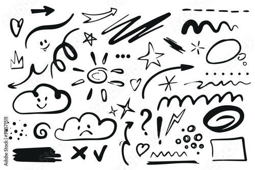 Line shape marker set elements in flat graphic design. Bundle objects of black doodle drawings with arrows, stars, clouds, sun, curls, circle, square, dots, tick, heart, other. Vector illustration.