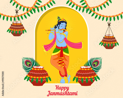 Happy janmashtami festival of India, lord krishna playing bansuri dahi handi 