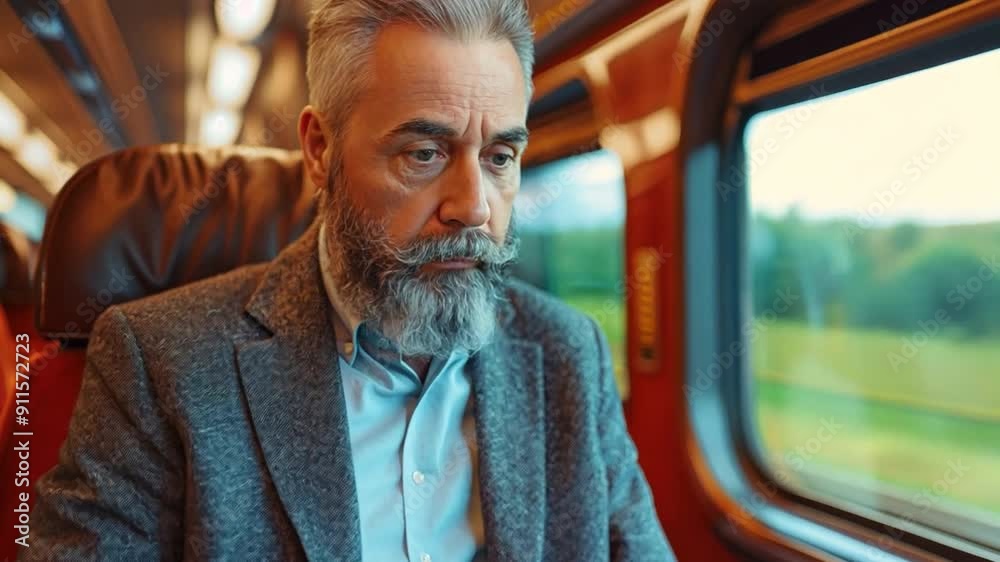 Handsome middle-aged businessman utilizing his laptop computer while commuting by high-speed train.
