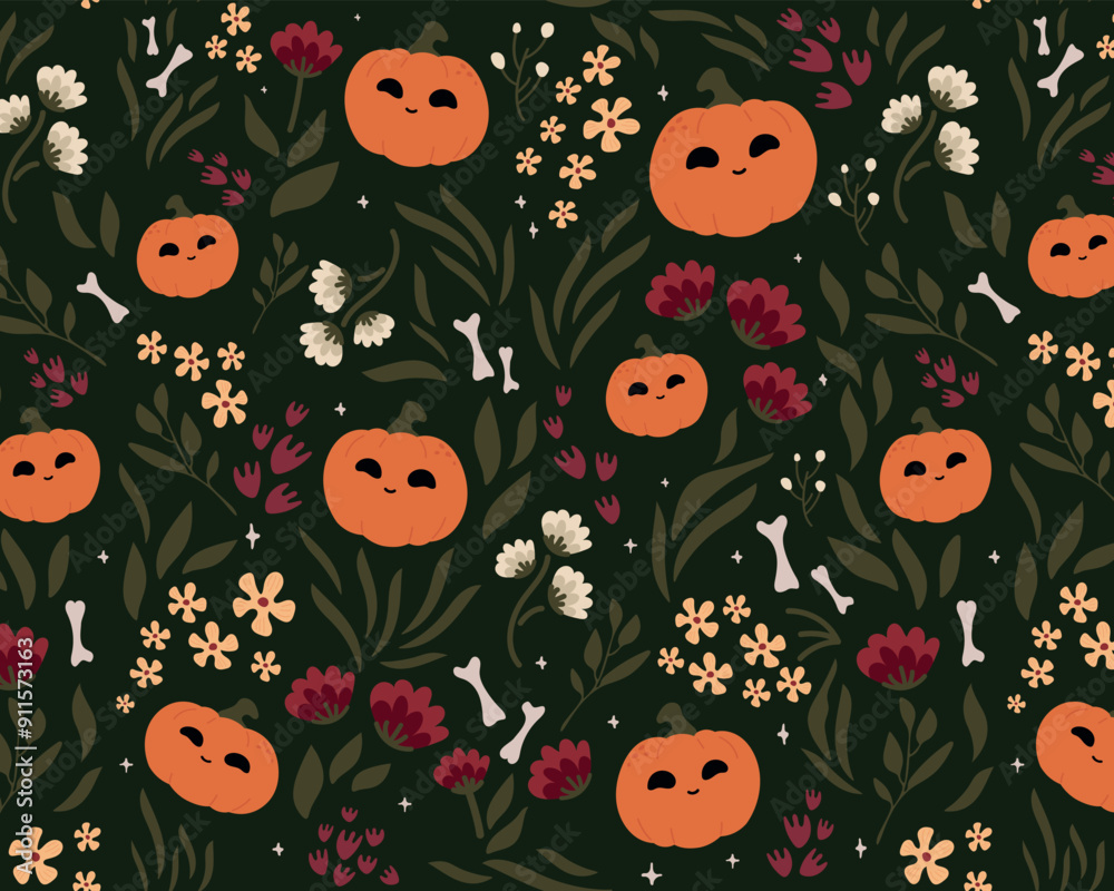 Fototapeta premium Seamless pattern Latin American style.Dead day party, pumpkin or halloween holiday.Traditional mexican music festival,fun bright dance vector characters.Halloween Dia De Los Muertos Celebration.