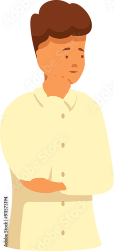 Cartoon image of a young man standing with his arms crossed and thinking